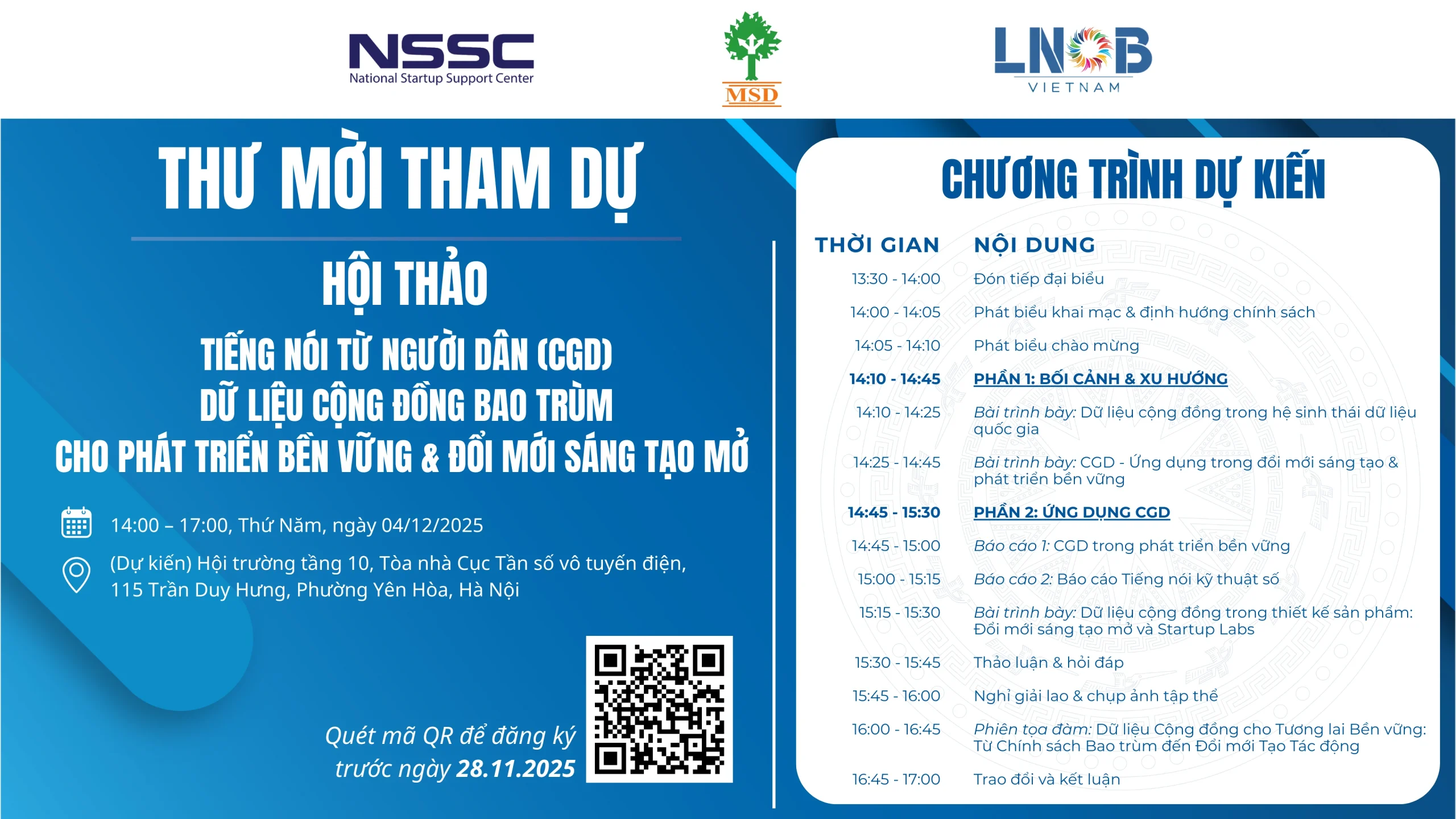 ĐĂNG KÝ THAM DỰ HỘI THẢO “TIẾNG NÓI TỪ NGƯỜI DÂN (CGD): DỮ LIỆU BAO TRÙM CHO PHÁT TRIỂN BỀN VỮNG & ĐỔI MỚI SÁNG TẠO MỞ